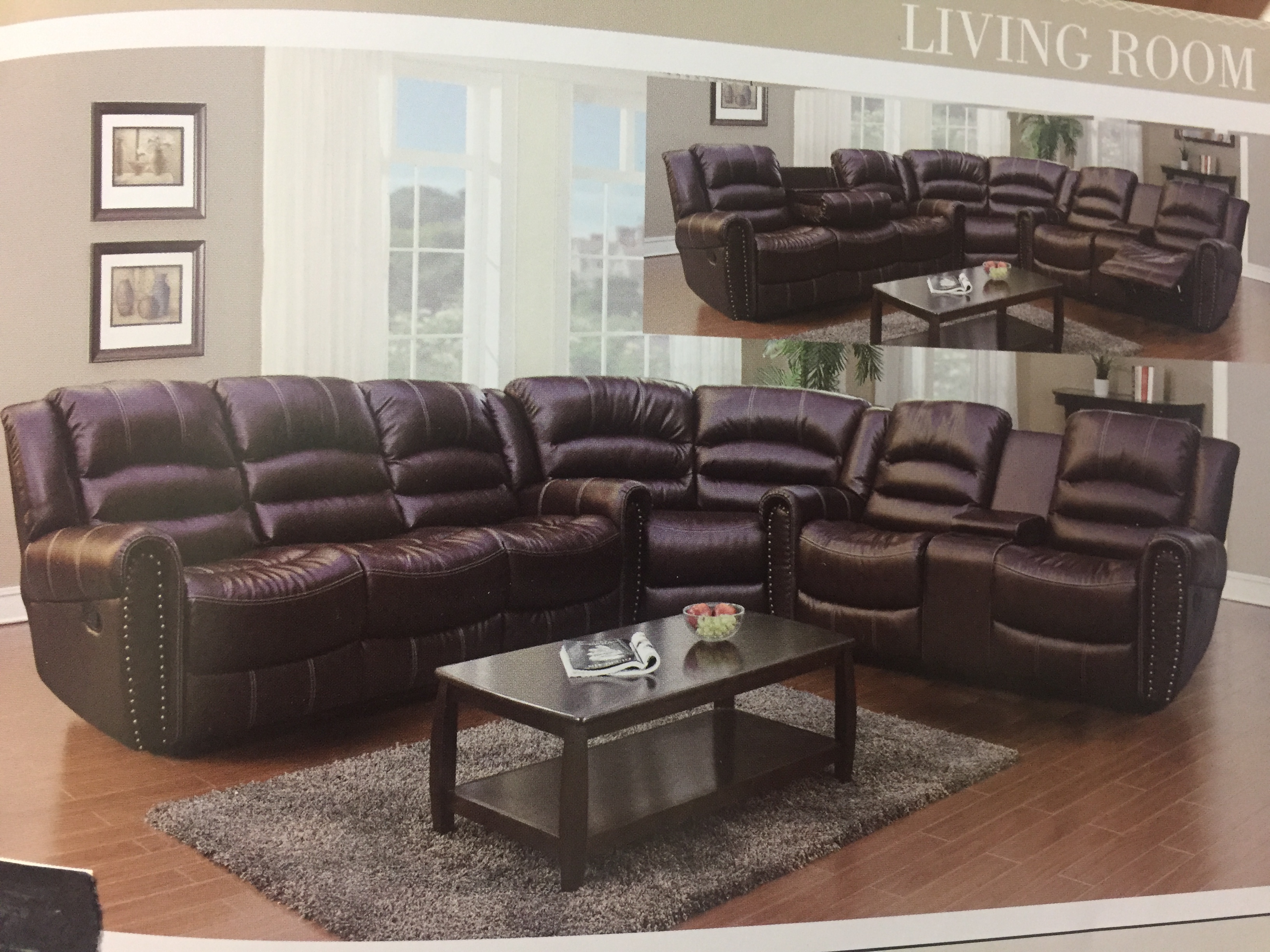 Brown seccional bonded leather recliners LIAM FURNITURE & RUGS
