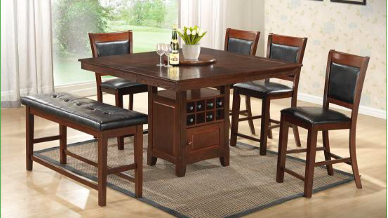 Counter Height Table With Wine Rack Storage Lazy Susan And Butterfly Leaf In Brown Finish Liam Furniture Rugs