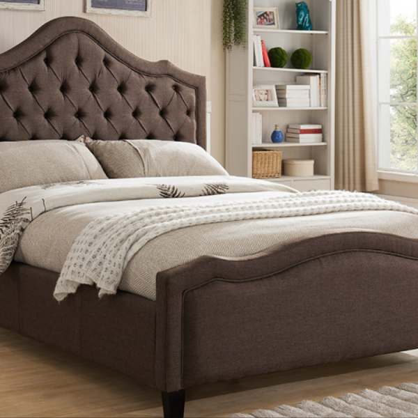 Tufted platform bed with Adjustable head board height in brown linen